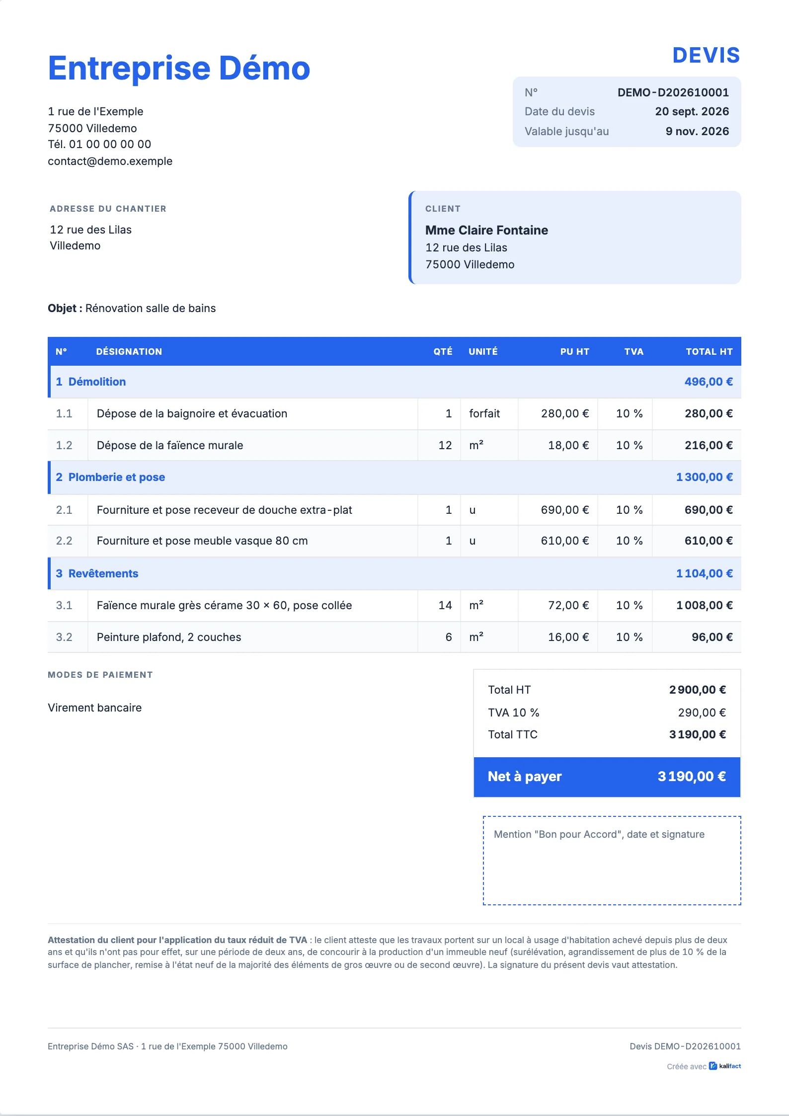 Exemple de devis généré par l'application : en-tête de l'entreprise, client, lots, total et zone de signature (données de démonstration)