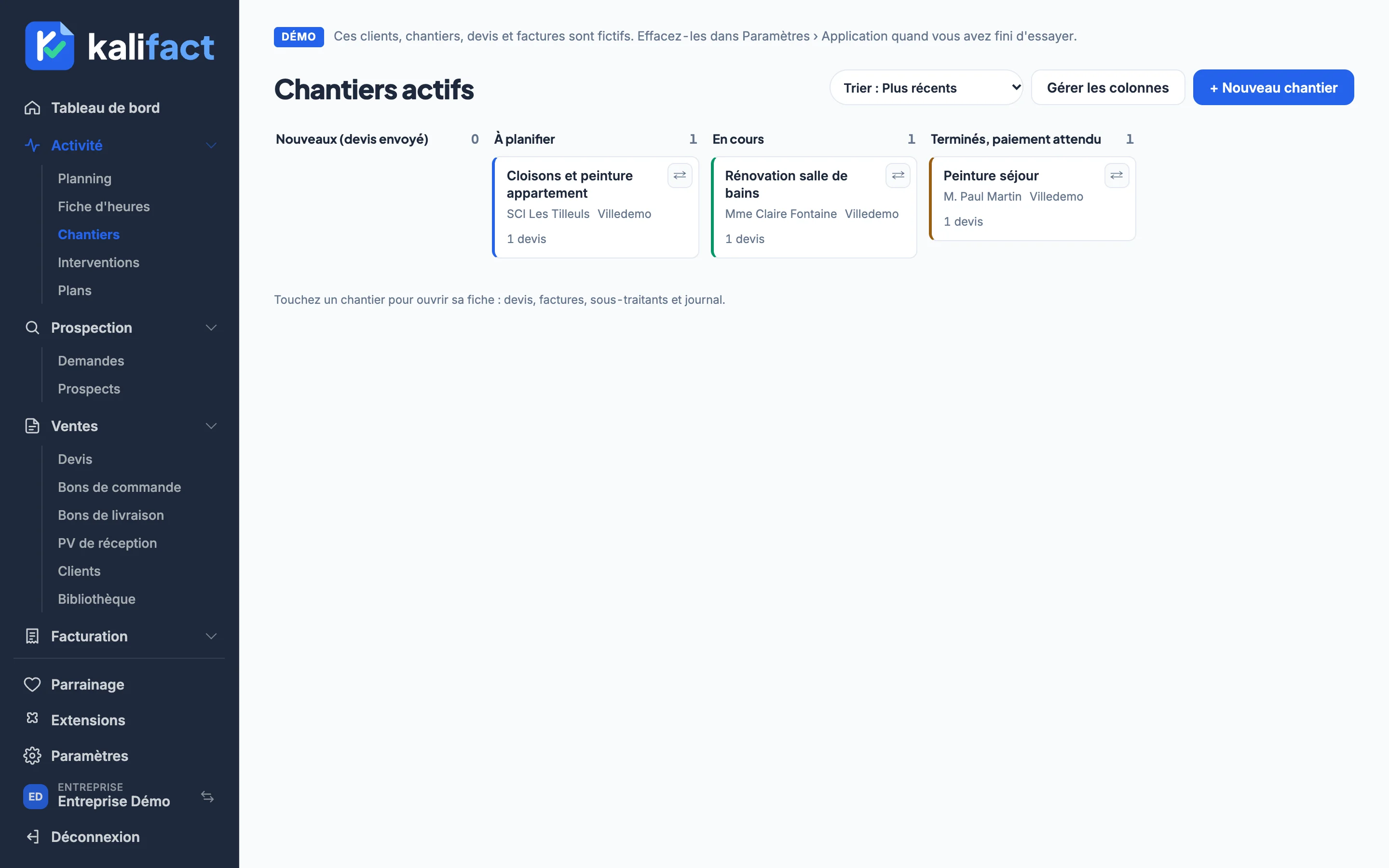 Chantiers dans l'application Kalifact (données de démonstration)