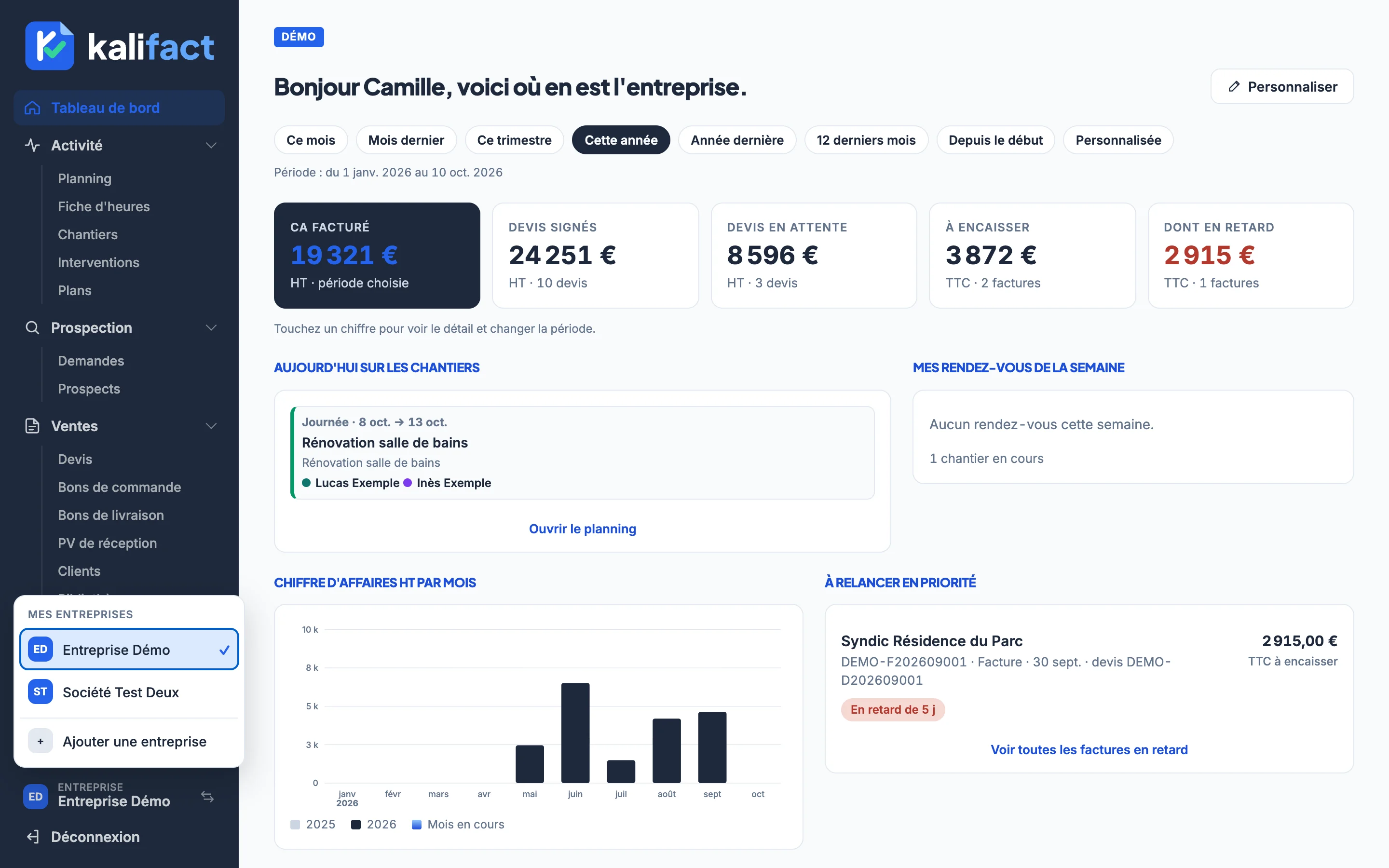 Multi-entreprise dans l'application Kalifact (données de démonstration)