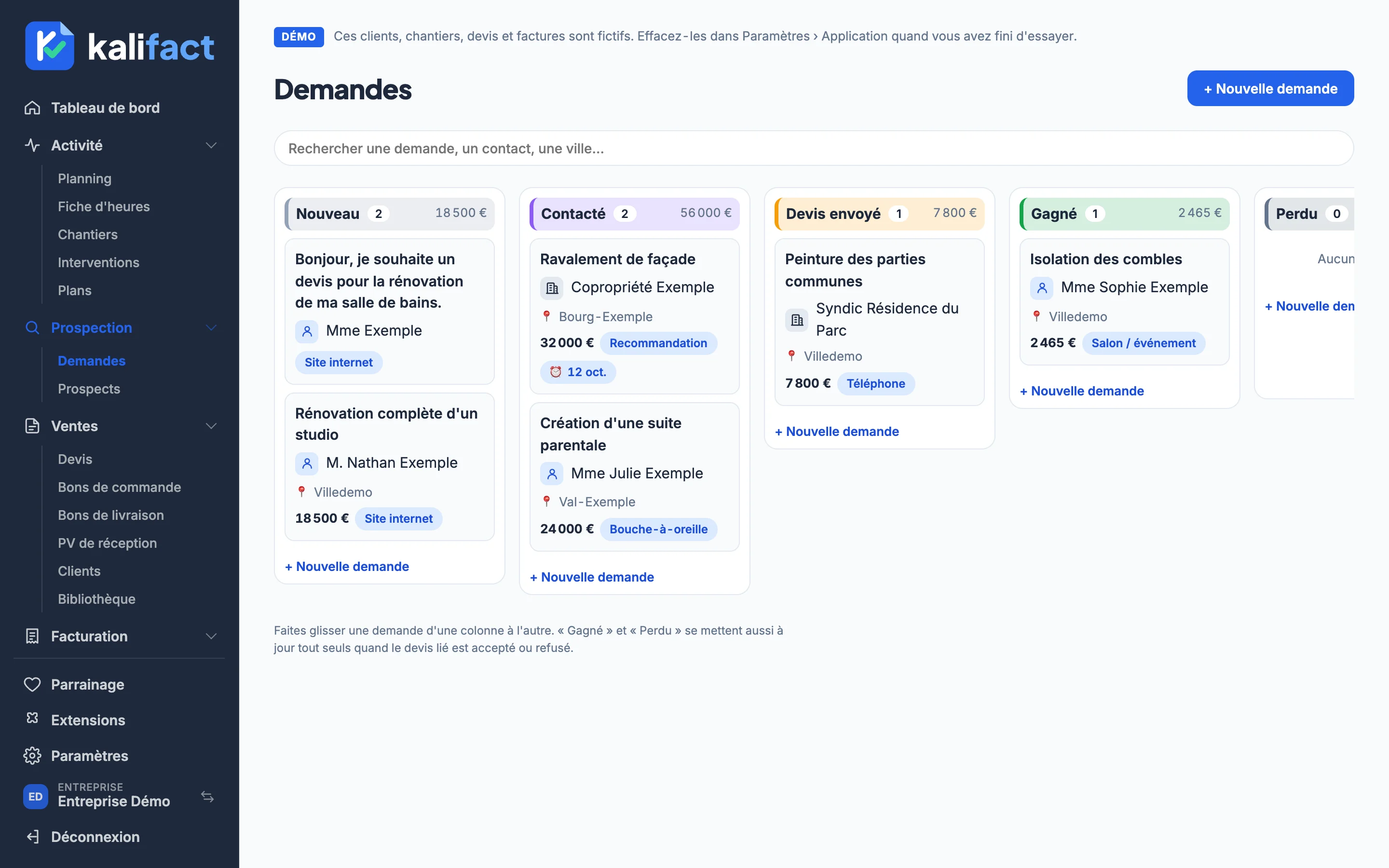 Prospection dans l'application Kalifact (données de démonstration)