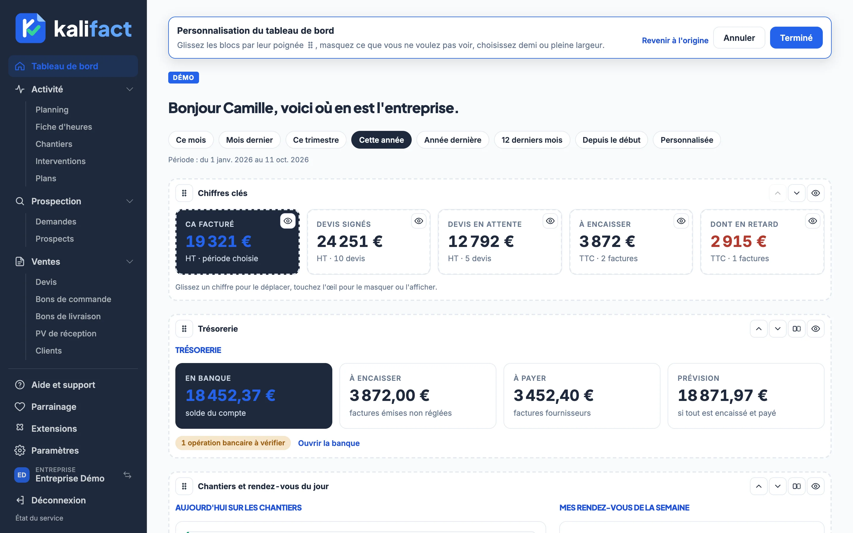 Tableau de bord personnalisable dans l'application Kalifact (données de démonstration)