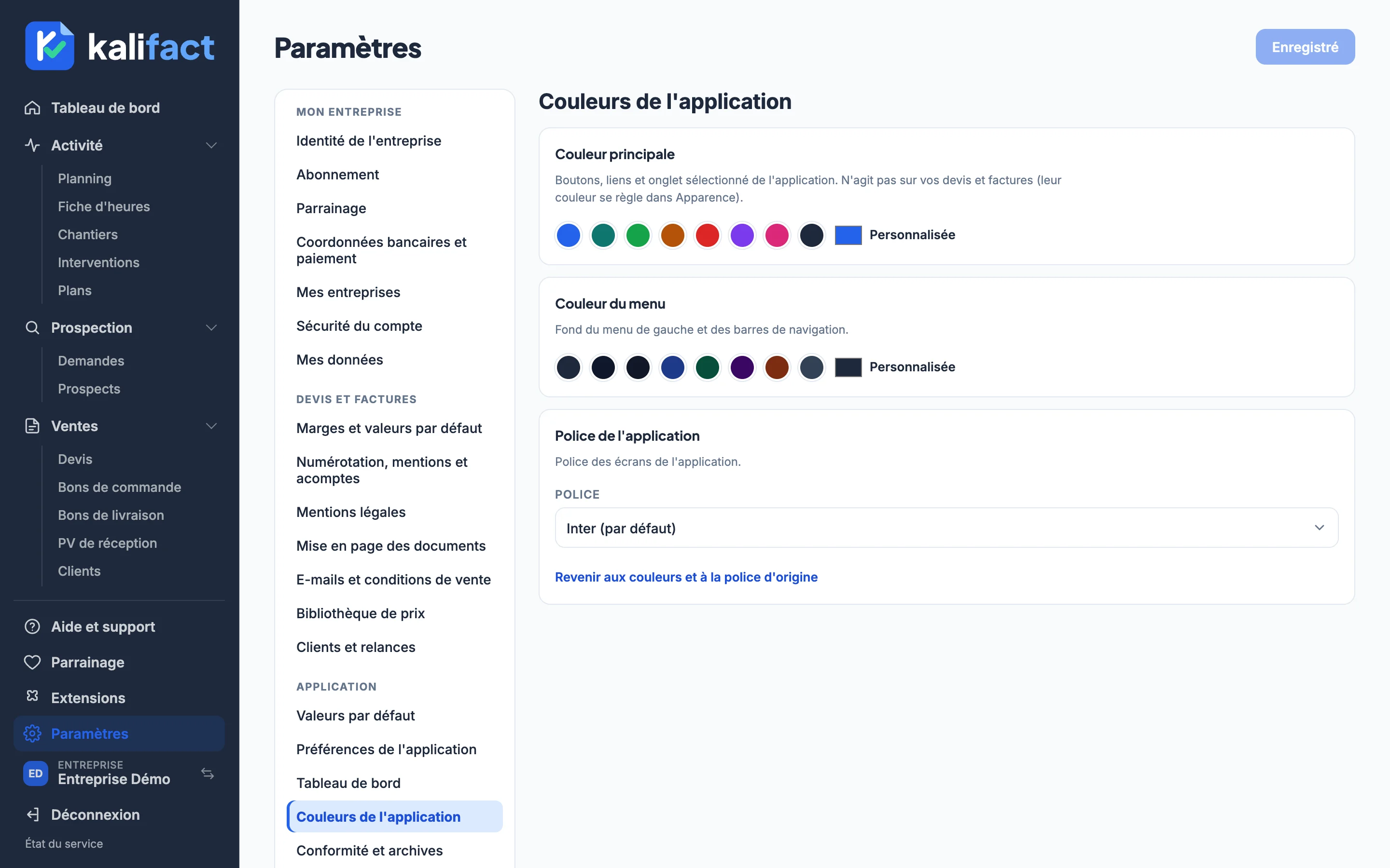 Apparence de l'application dans l'application Kalifact (données de démonstration)