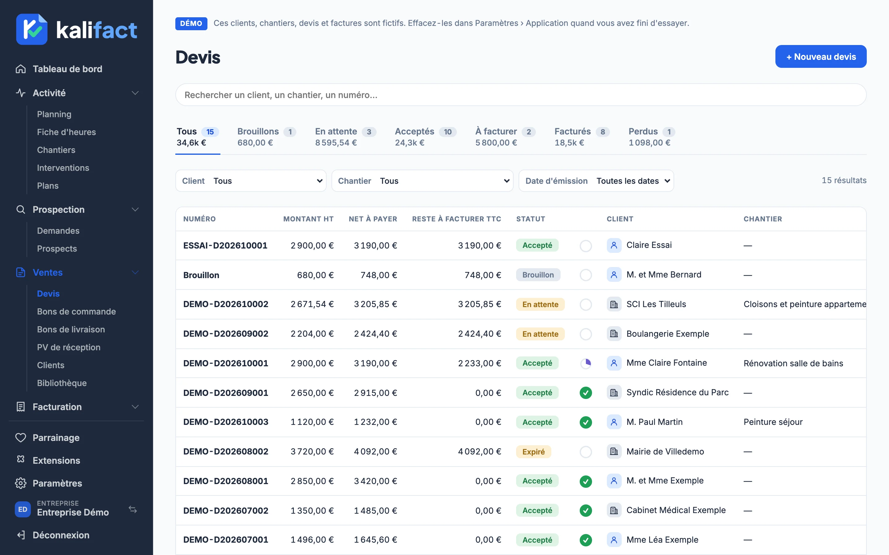 Liste des devis avec onglets par statut, montants et clients (données de démonstration)